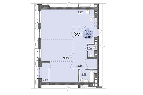 3-комнатная квартира 75,87 м² в ЖК Ричмонд. Планировка