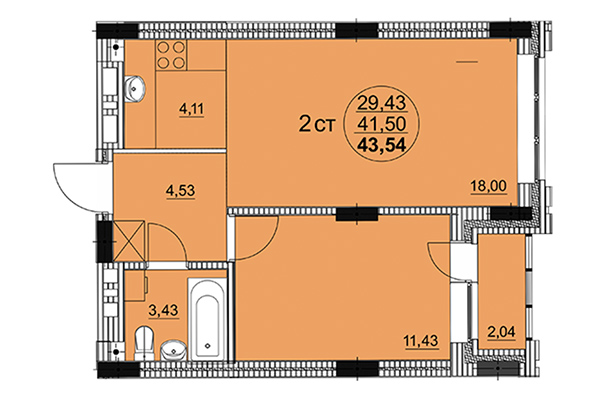 2-комнатная квартира 43,54 м² в ЖК Романтика. Планировка