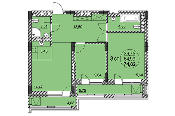 3-комнатная квартира 74,82 м² в ЖК Романтика. Планировка