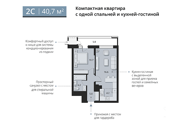 2-комнатная квартира 40,70 м² в ЖК Беринг. Планировка