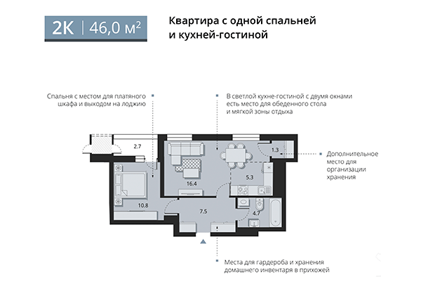 2-комнатная квартира 46,00 м² в ЖК Беринг. Планировка