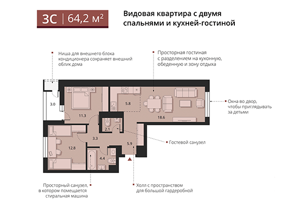 3-комнатная квартира 64,20 м² в ЖК Беринг. Планировка