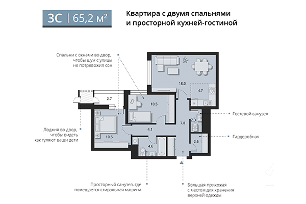 3-комнатная квартира 65,20 м² в ЖК Беринг. Планировка