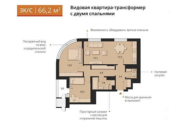 3-комнатная квартира 66,20 м² в ЖК Беринг. Планировка