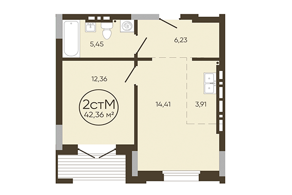 2-комнатная квартира 42,36 м² в ЖК История. Планировка