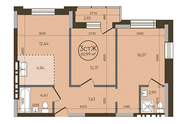 3-комнатная квартира 60,99 м² в ЖК История. Планировка