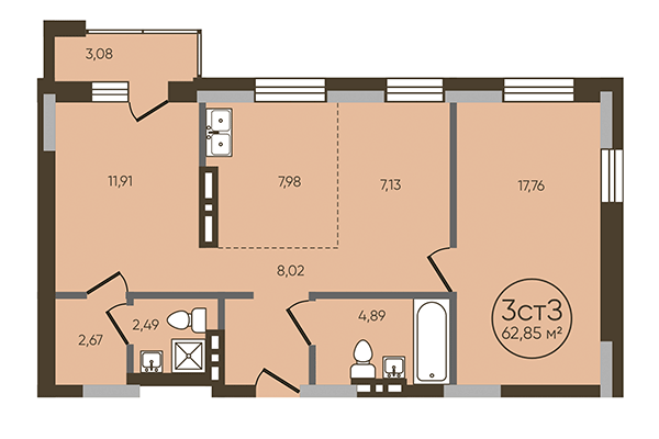 3-комнатная квартира 62,85 м² в ЖК История. Планировка