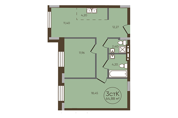 3-комнатная квартира 64,88 м² в ЖК История. Планировка