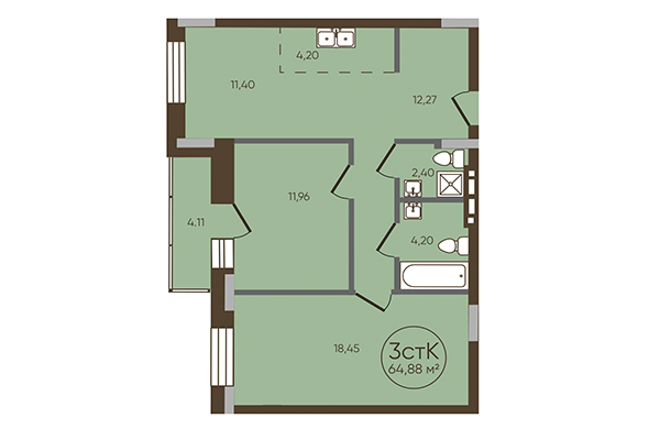 3-комнатная квартира 64,89 м² в ЖК История. Планировка