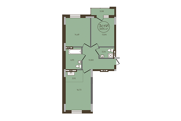 3-комнатная квартира 69,95 м² в ЖК История. Планировка