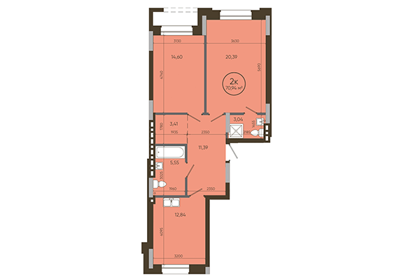 2-комнатная квартира 70,94 м² в ЖК История. Планировка