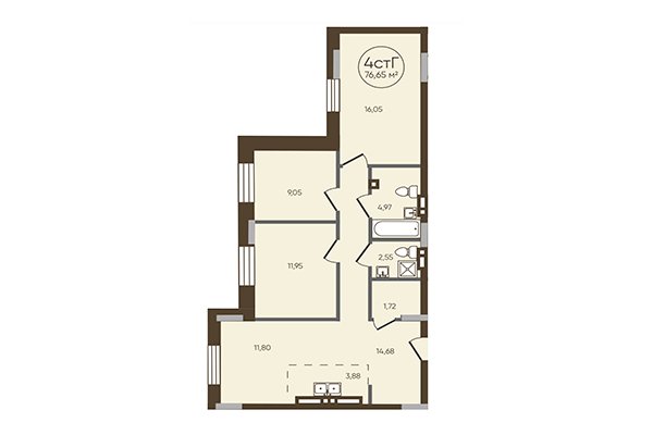 4-комнатная квартира 76,65 м² в ЖК История. Планировка