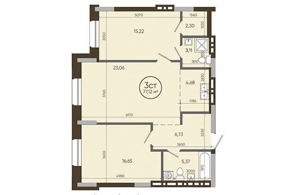 3-комнатная квартира 77,12 м² в ЖК История. Планировка