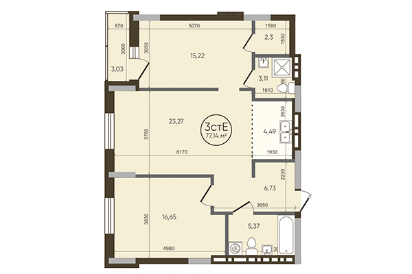 3-комнатная квартира 77,14 м² в ЖК История. Планировка