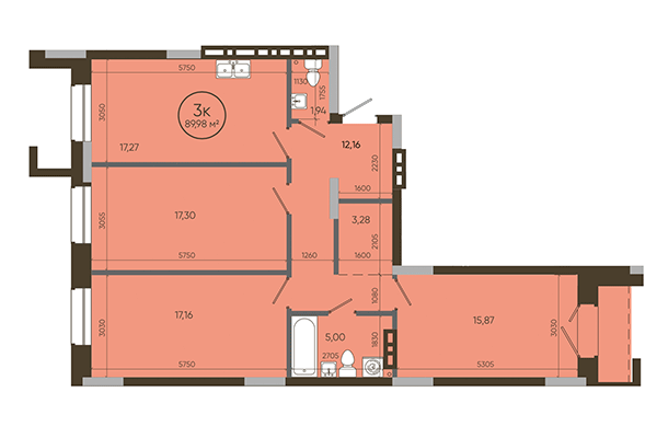 3-комнатная квартира 89,98 м² в ЖК История. Планировка