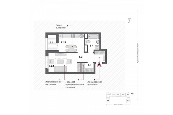 1-комнатная квартира 41,30 м² в ЖК Нобель. Планировка