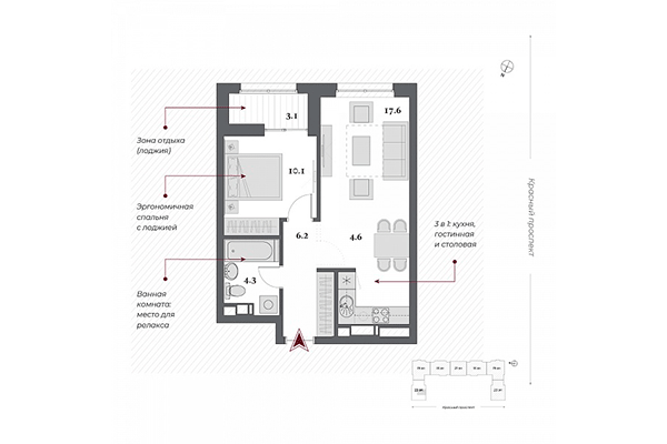 2-комнатная квартира 42,80 м² в ЖК Нобель. Планировка