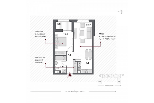 2-комнатная квартира 46,00 м² в ЖК Нобель. Планировка