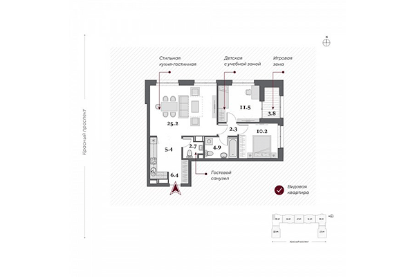 3-комнатная квартира 68,60 м² в ЖК Нобель. Планировка