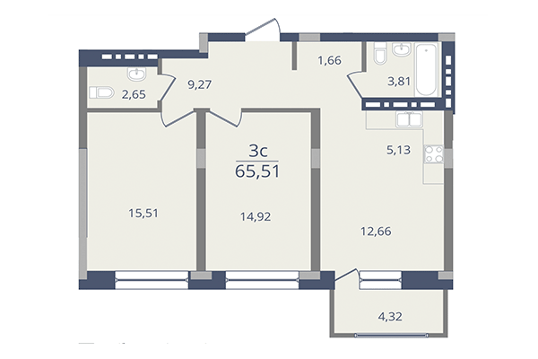 3-комнатная квартира 65,51 м² в ЖК Лев Толстой. Планировка