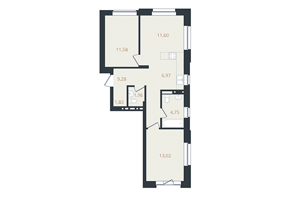 3-комнатная квартира 66,04 м² в ЖК Лев Толстой. Планировка