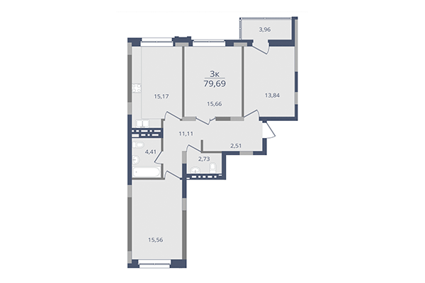 3-комнатная квартира 79,69 м² в ЖК Лев Толстой. Планировка