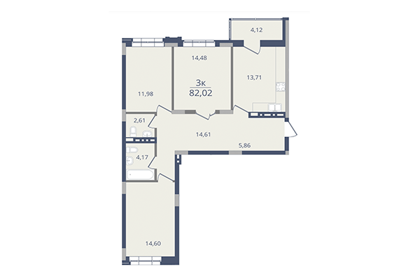 3-комнатная квартира 82,02 м² в ЖК Лев Толстой. Планировка