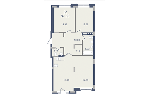 3-комнатная квартира 87,65 м² в ЖК Лев Толстой. Планировка