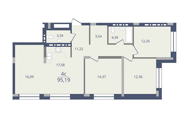 4-комнатная квартира 95,19 м² в ЖК Лев Толстой. Планировка