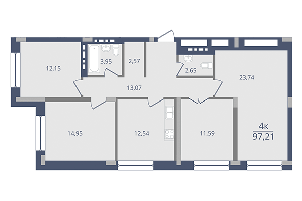 4-комнатная квартира 97,21 м² в ЖК Лев Толстой. Планировка