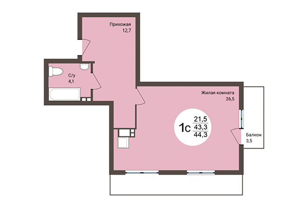 Студия 44,30 м² в ЖК на Коротаева. Планировка