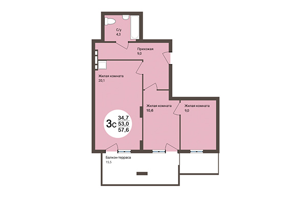 3-комнатная квартира 57,60 м² в ЖК на Коротаева. Планировка