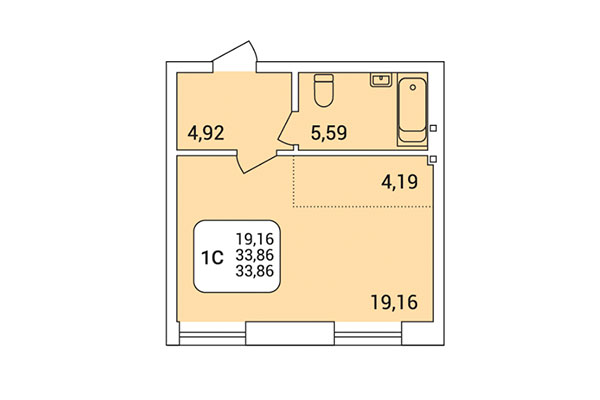 Студия 33,86 м² в Дом на Федосеева. Планировка