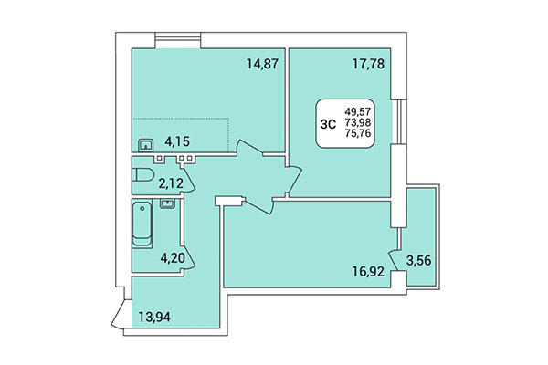 3-комнатная квартира 75,76 м² в Дом на Федосеева. Планировка