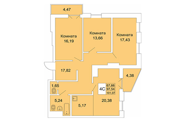 4-комнатная квартира 101,07 м² в Расцветай на Гоголя. Планировка