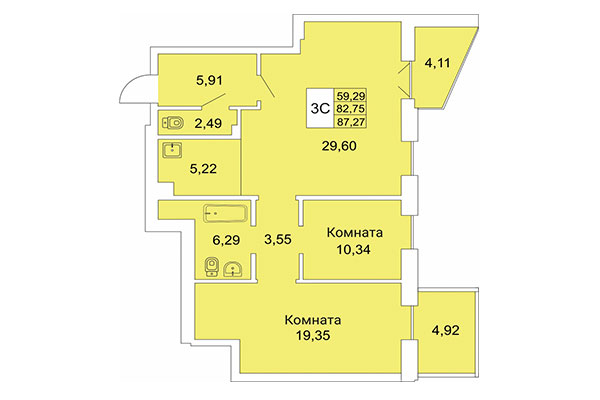 3-комнатная квартира 87,27 м² в Расцветай на Гоголя. Планировка