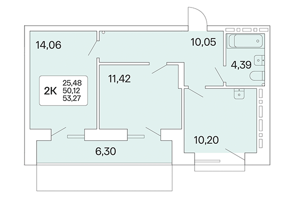 2-комнатная квартира 53,27 м² в Расцветай на Красном. Планировка