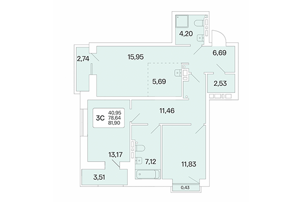 3-комнатная квартира 81,90 м² в Расцветай на Красном. Планировка