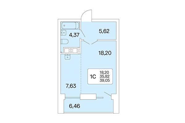 Студия 39,05 м² в Расцветай на Маркса. Планировка