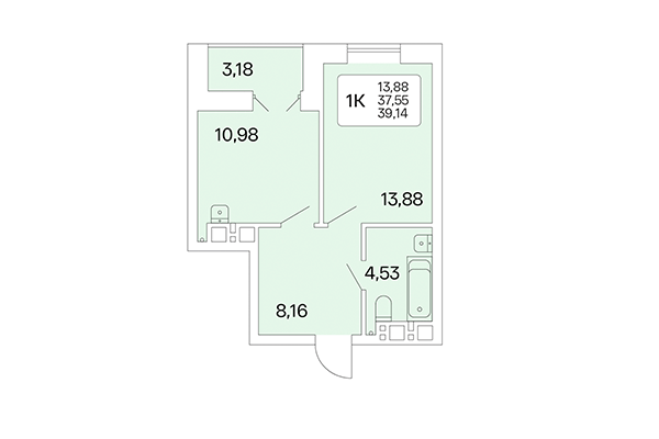 1-комнатная квартира 39,14 м² в Расцветай на Маркса. Планировка