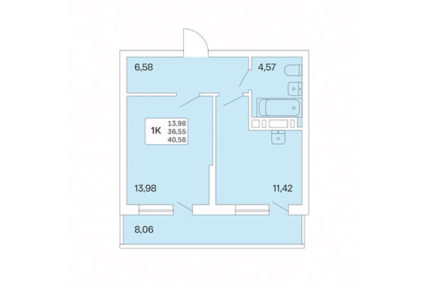 1-комнатная квартира 40,58 м² в Расцветай на Обской. Планировка