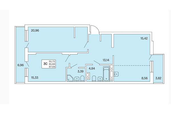 3-комнатная квартира 87,03 м² в Расцветай на Обской. Планировка