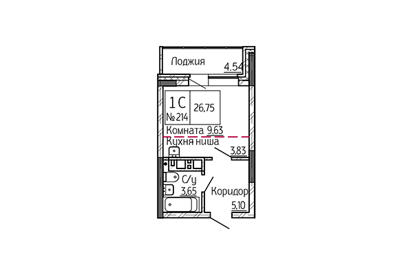 Студия 26,75 м² в Сакура Парк. Планировка