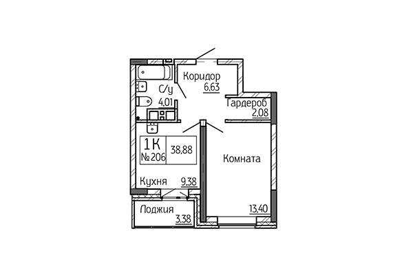 1-комнатная квартира 38,88 м² в Сакура Парк. Планировка