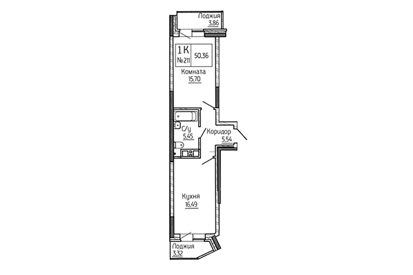 1-комнатная квартира 50,36 м² в Сакура Парк. Планировка