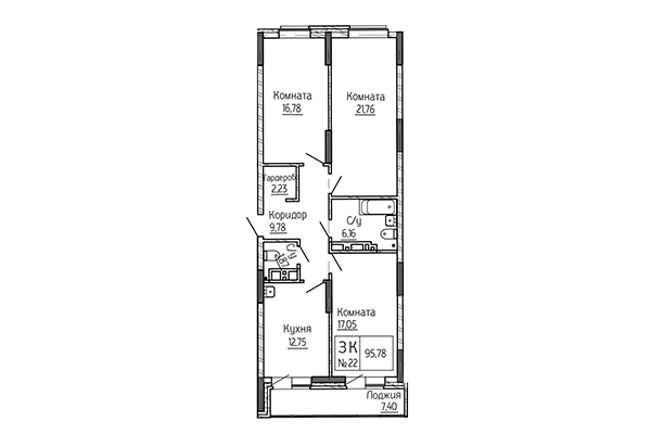 3-комнатная квартира 95,78 м² в Сакура Парк. Планировка