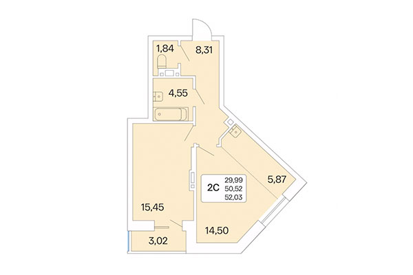 2-комнатная квартира 52,03 м² в Дом на Шамшиных. Планировка