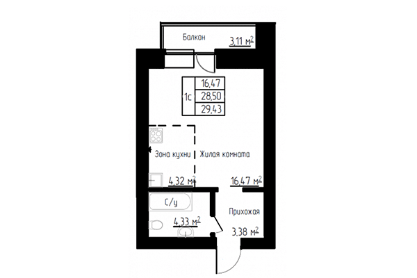 Студия 29,43 м² в ЖК Енисей. Планировка