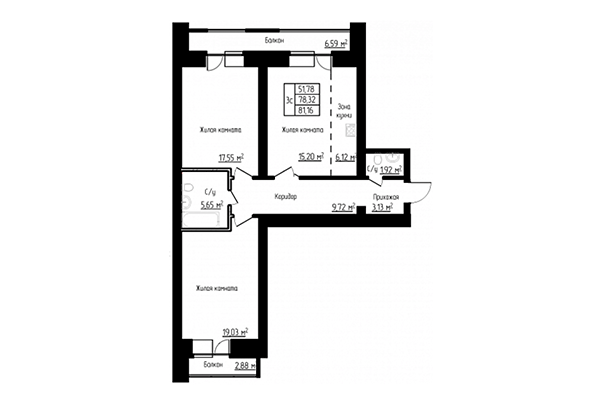 3-комнатная квартира 81,16 м² в ЖК Енисей. Планировка