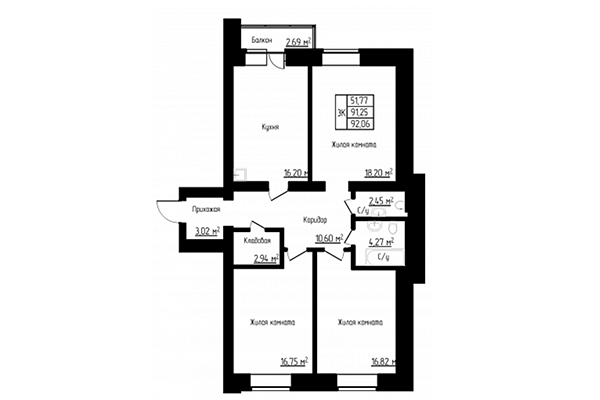 3-комнатная квартира 92,06 м² в ЖК Енисей. Планировка